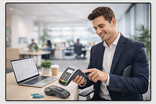 Merchant services professional reviewing payment processing terminal and transaction data for a payment ISO business.
