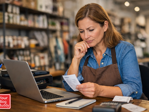 Retail business owner analyzing payment processing costs using receipt and laptop at point of sale