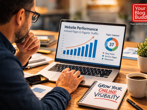 Marketing professional reviewing website performance dashboard with indexed pages and organic traffic growth charts.