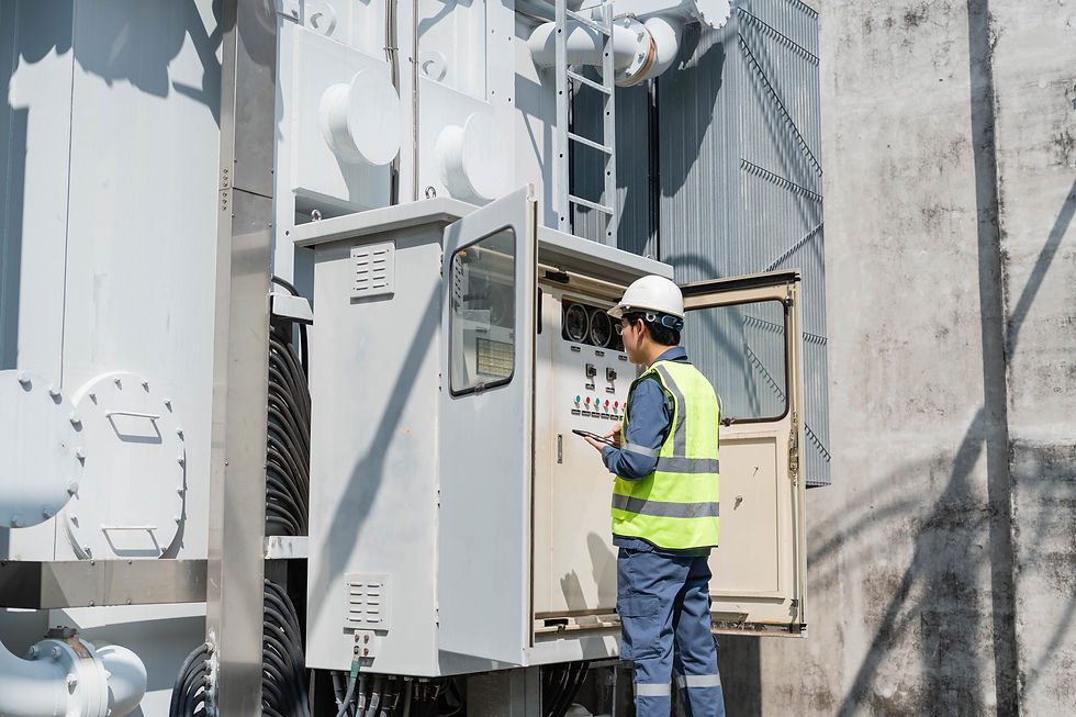 Utility systems engineer monitoring a large electrical transformer control box, representing Engtal specialized engineering services staffing.