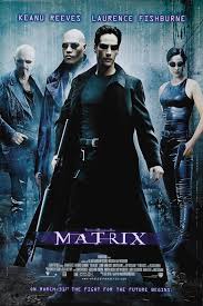 The Matrix film afişi, mavi arka plan üzerine oyuncuları ve beyaz oyuncu ismleri ile film ismini içerir