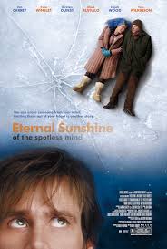 jim carrey and kate winslet lying on snow while jim carrey looking upwards on blue backgorund with movie credits and movie name