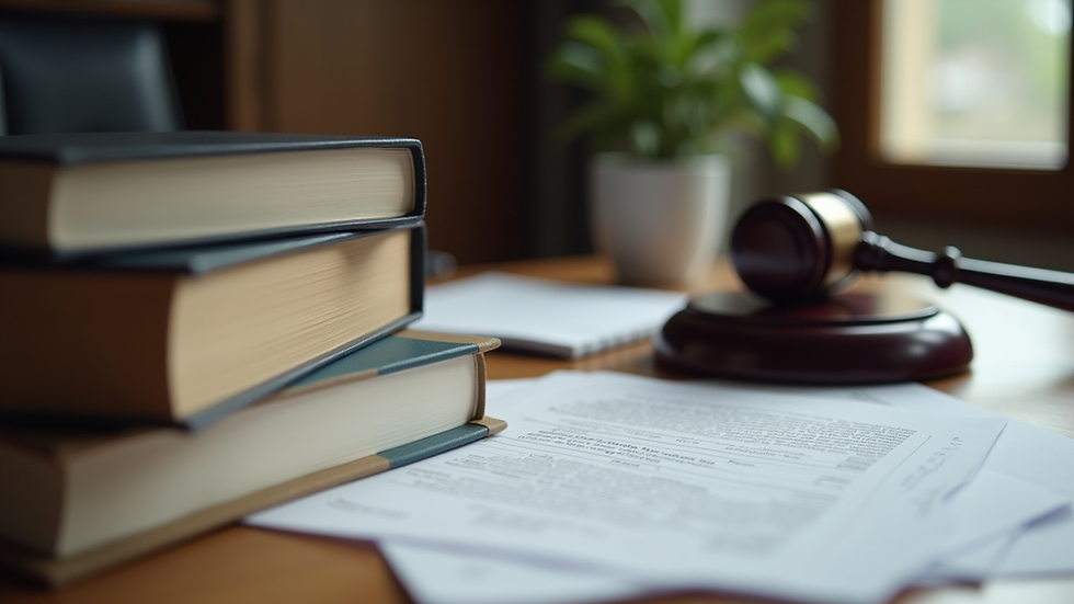 Close-up view of legal books and documents on a desk