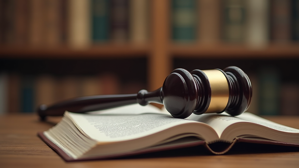 Close-up view of legal books and a gavel on a desk