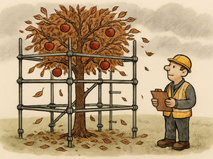 Cartoon image showing an apple tree in scaffolding. The tree is a perfect example of a circular lifecycle.