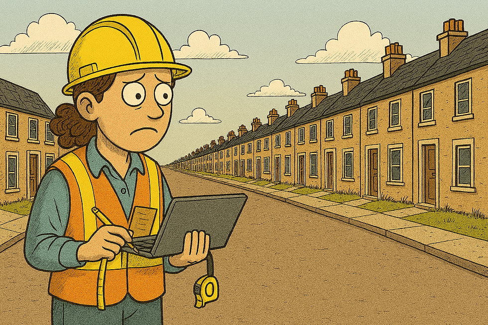A Domestic Energy Assessor looking worriedly at a neverending terrace of houses that need to have energy ratings calculated.