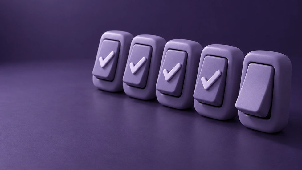 Five violet switches in a row: four marked with a check and the fifth halfway to switching on.