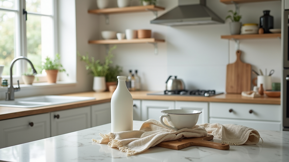 High angle view of a clean and organized kitchen after deep cleaning