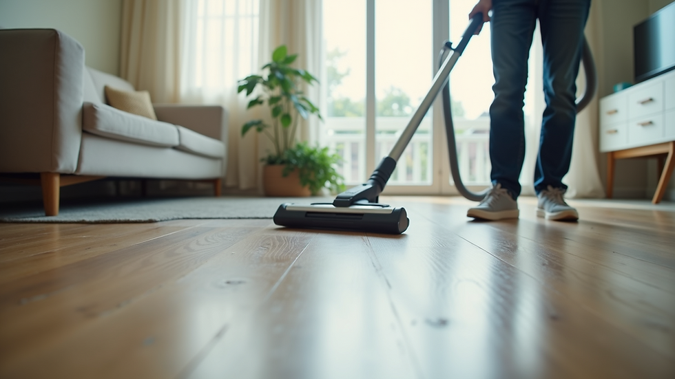 Eye-level view of a professional cleaner vacuuming a newly renovated living room floor
