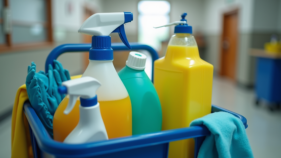 Close-up view of cleaning supplies arranged on a cart ready for janitorial work