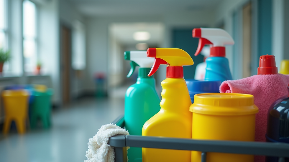 Close-up view of cleaning supplies arranged neatly on a janitor's cart