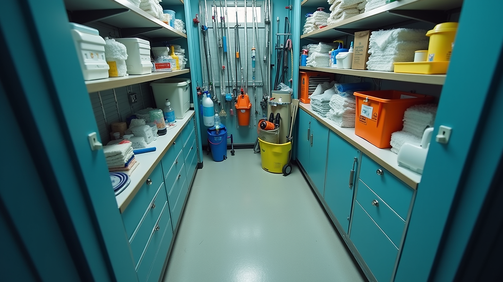 High angle view of cleaning equipment and supplies arranged neatly in a janitorial closet