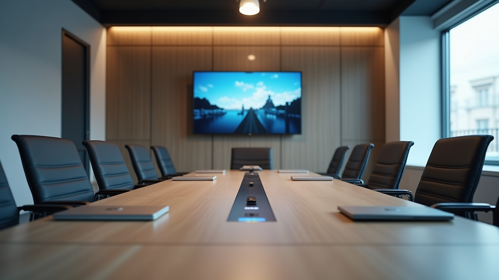 Eye-level view of a modern conference room with video conferencing equipment