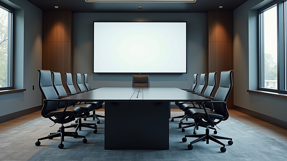 Wide angle view of a conference room with ergonomic chairs and a large video screen