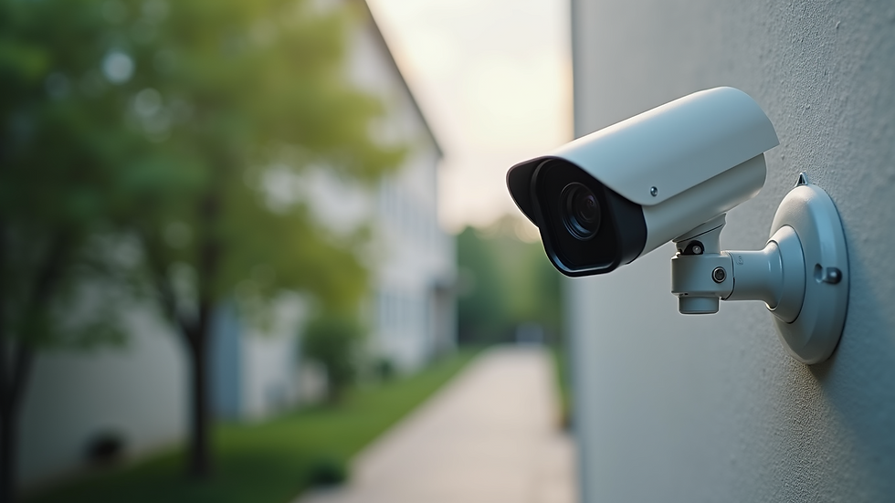 High angle view of a smart security camera mounted on a wall