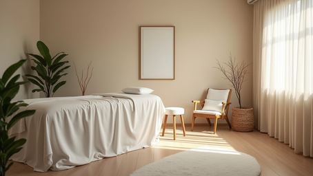 A cosy room with an armchair and a bed, with warm light shining through the curtains