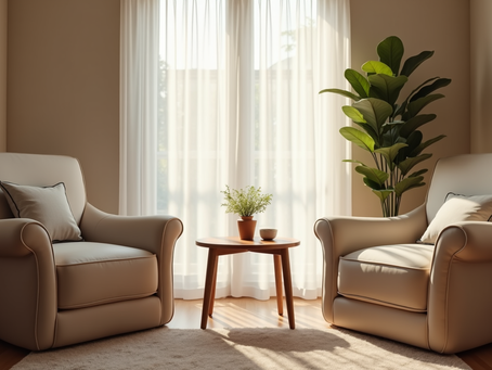 Sunlit living room with beige sofa and armchair, potted plants, framed art, and glass doors opening to a green balcony.