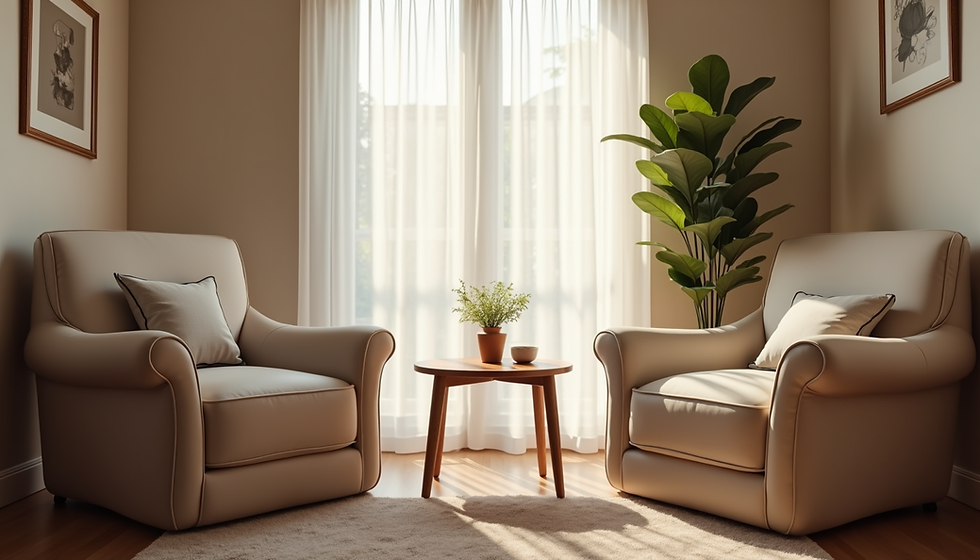 Sunlit living room with beige sofa and armchair, potted plants, framed art, and glass doors opening to a green balcony.