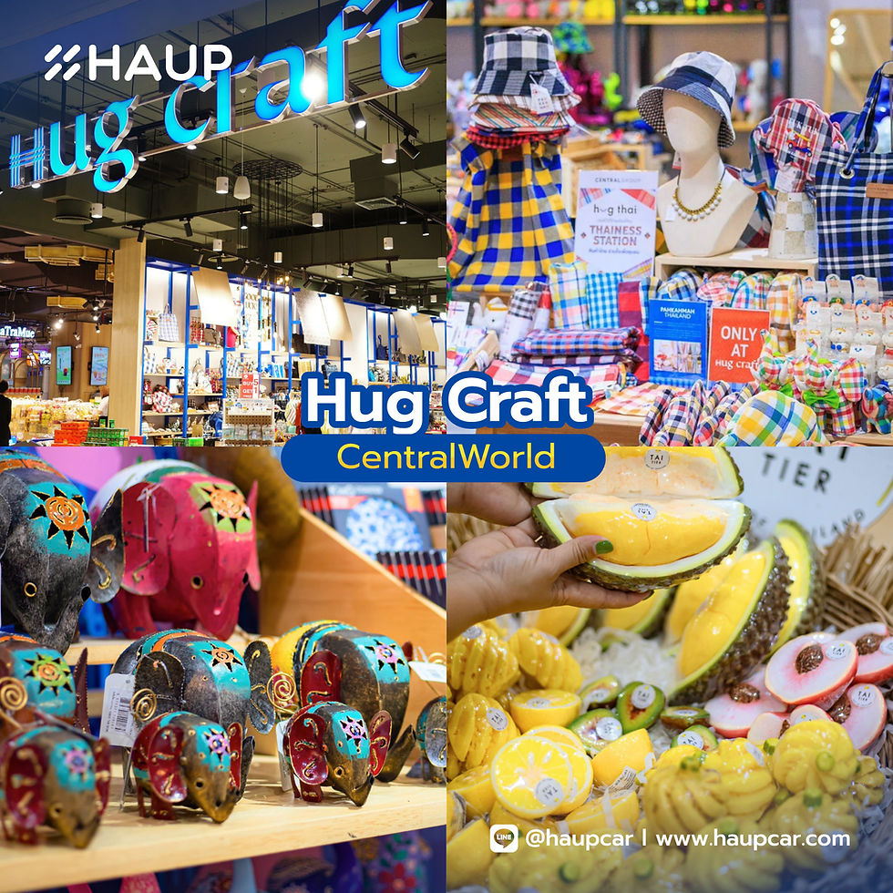 Colorful shop at CentralWorld with "Hug Craft" sign. Displays include vibrant elephant figurines, fabric goods, and fruit-shaped items.