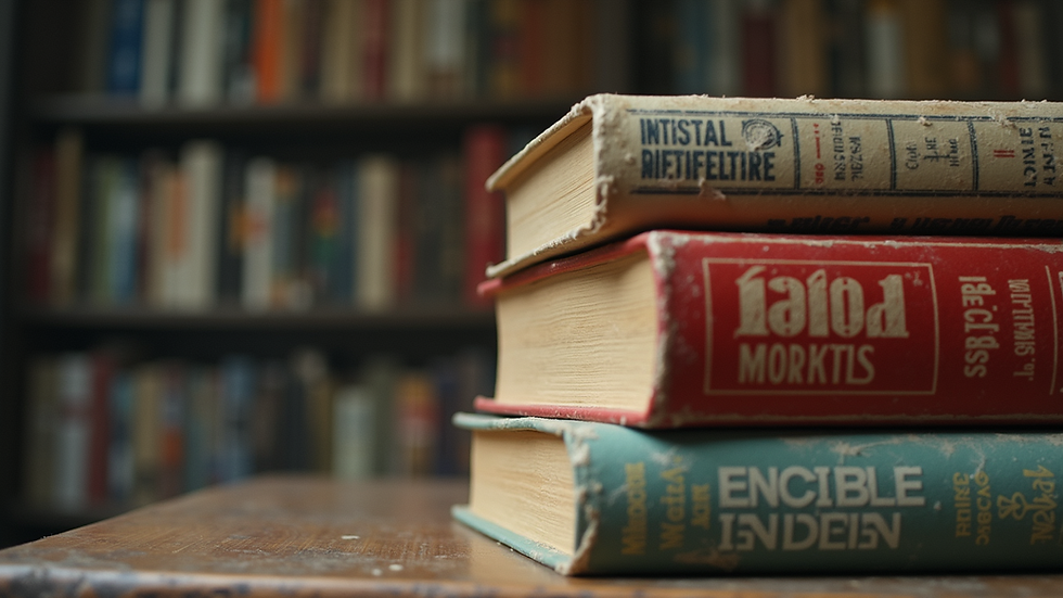 Eye-level view of a stack of classic science fiction novels