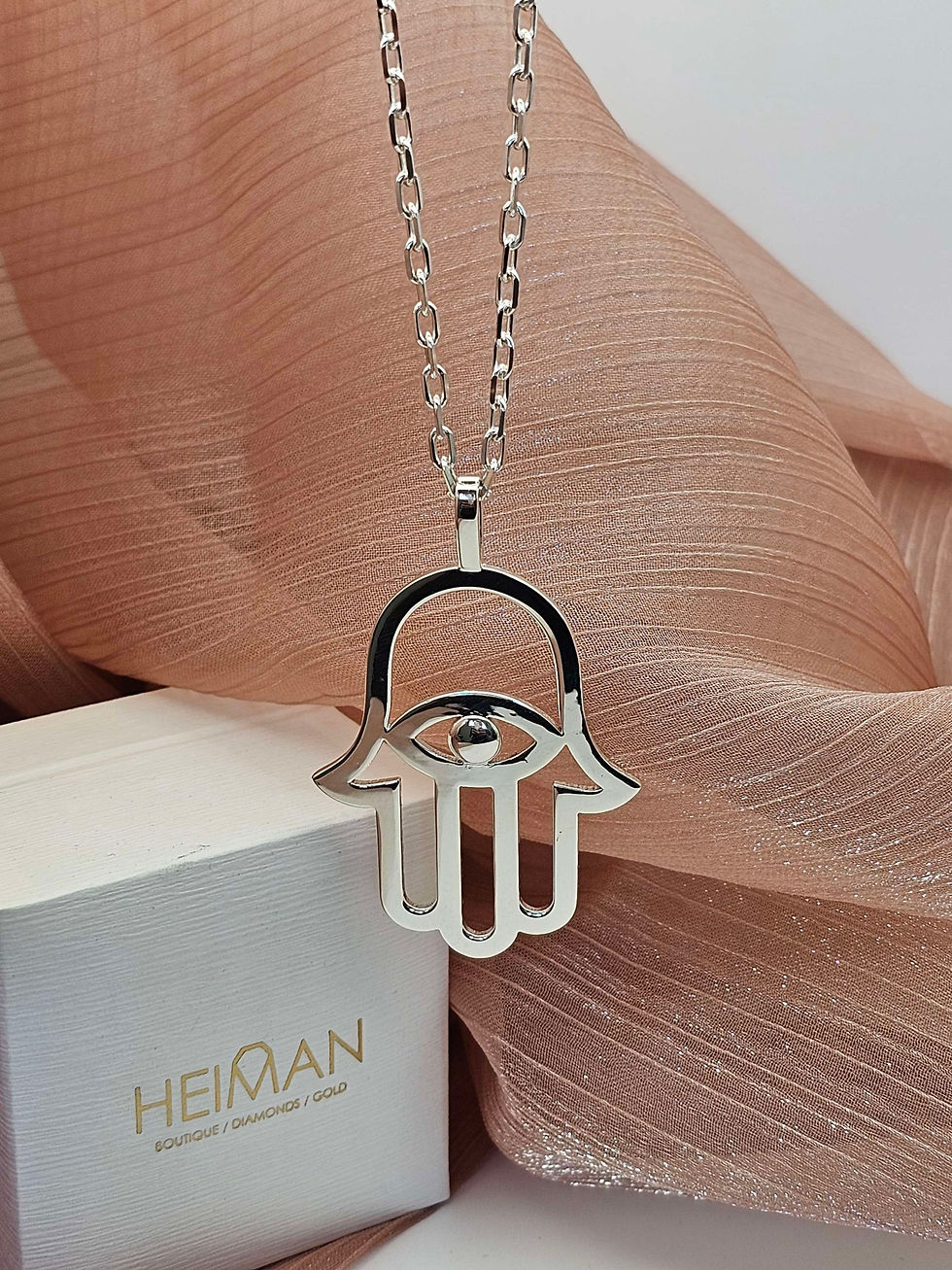 Thumbnail: Big 925 silver Hamsa pendant come on a long silver chain 