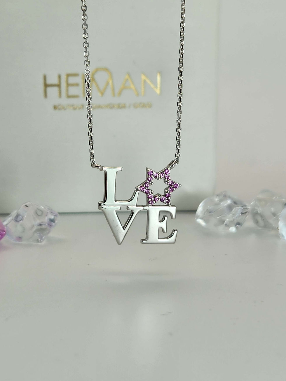 Thumbnail: 14K White Gold "Love" Necklace with Star of David & Pink Sapphires