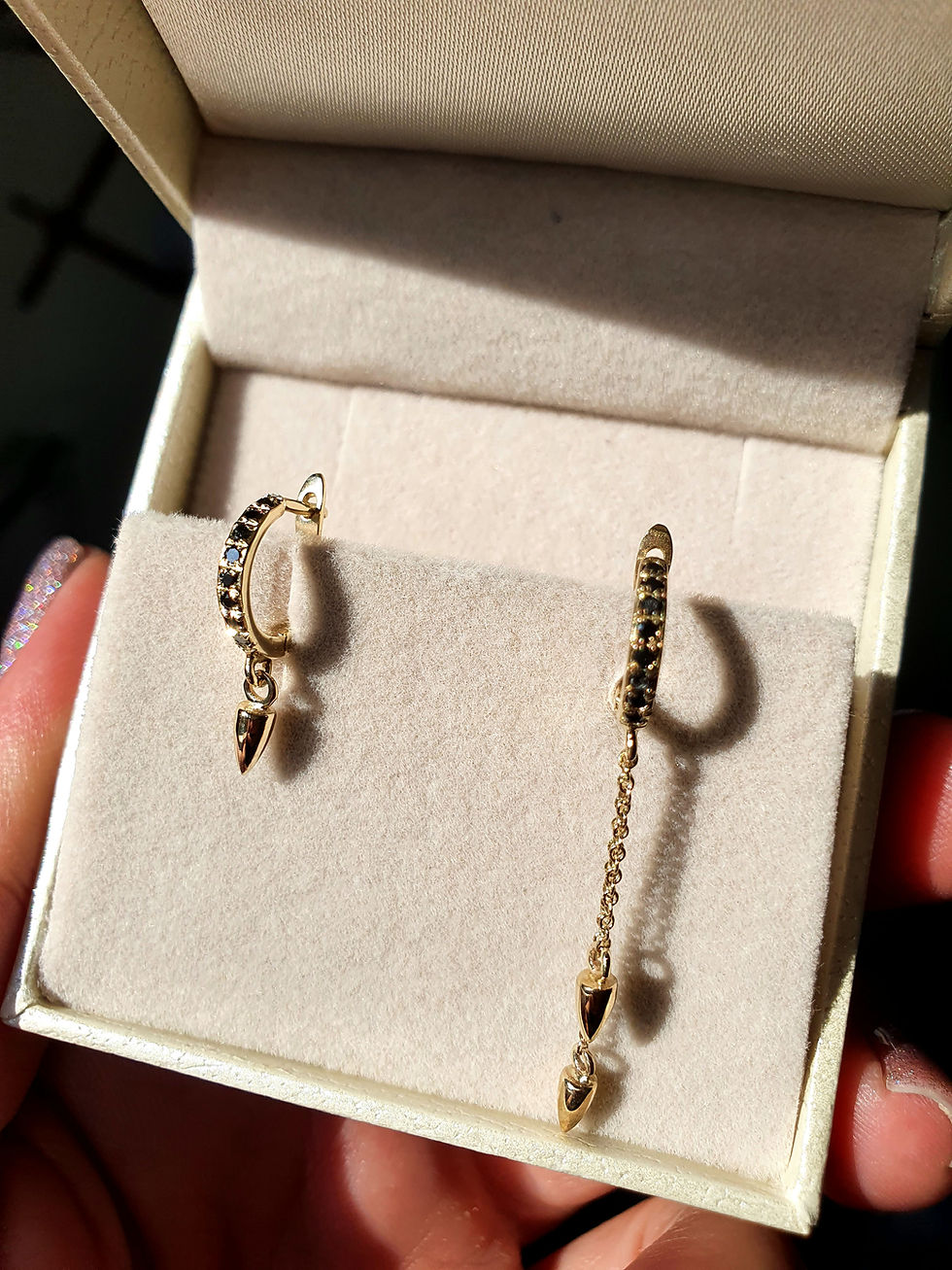 Thumbnail: Yellow gold Haggis earrings set with black diamonds and rivets