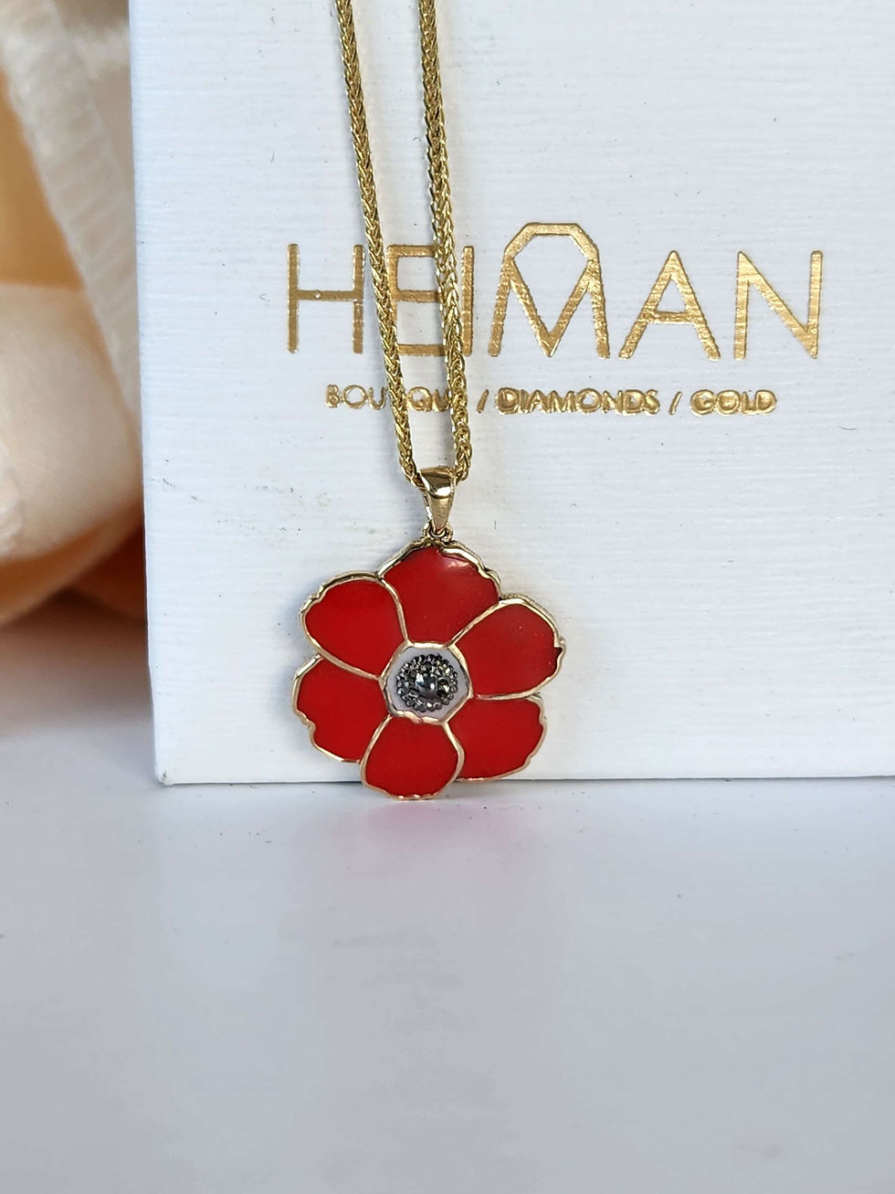 Thumbnail: Poppyseed pendant,  14k yellow gold and enamel, comes on 14k chain.