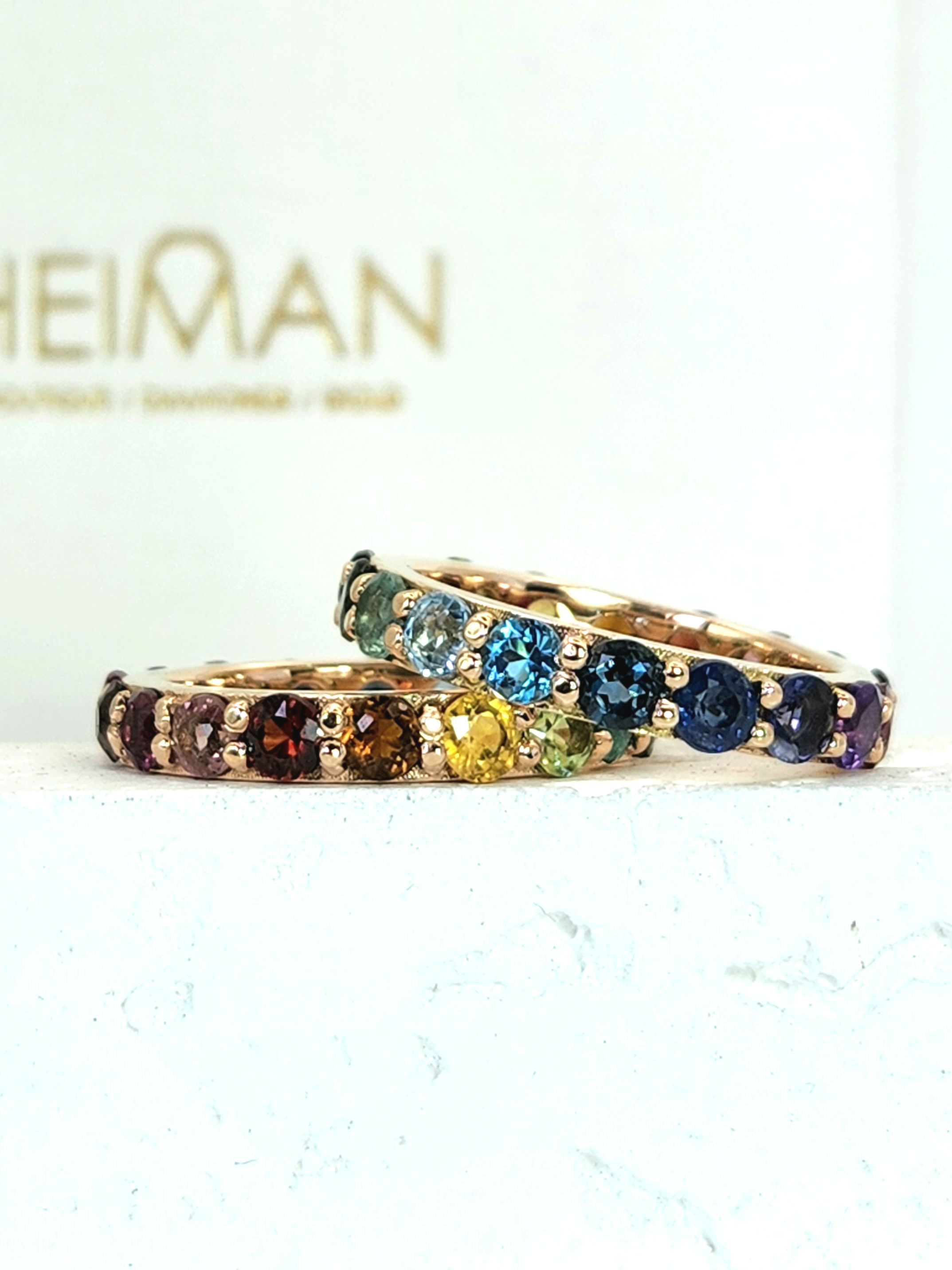 טבעות ריינבו אבנים צבעוניות זהב ורוד 14k