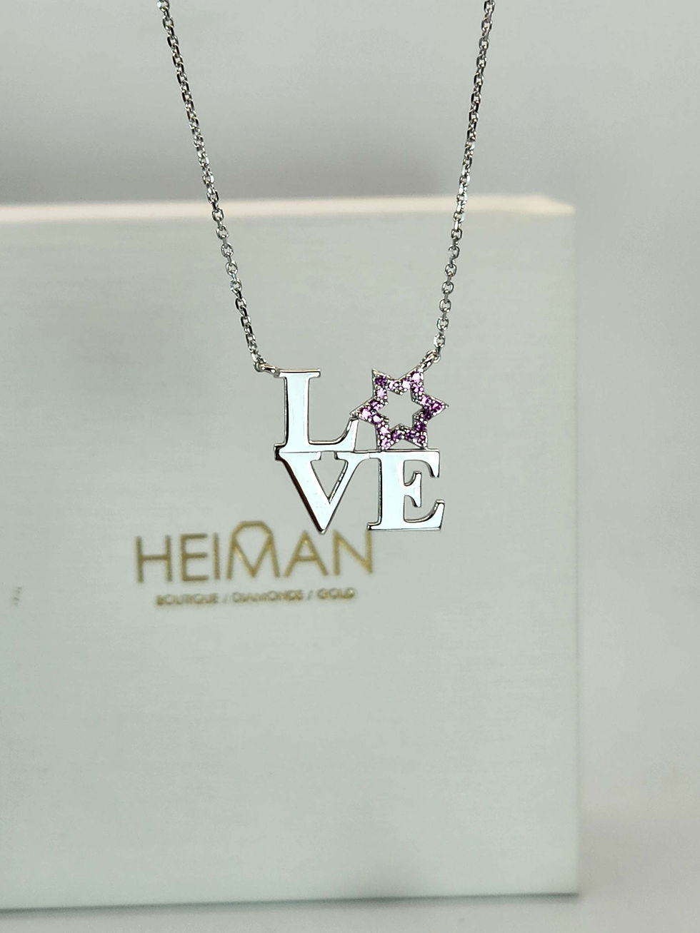 Thumbnail: Love star david necklace, set with pink sapphires, 14k white gold 