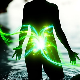 A glowing human silhouette with flowing green and blue energy lines moving through the bod