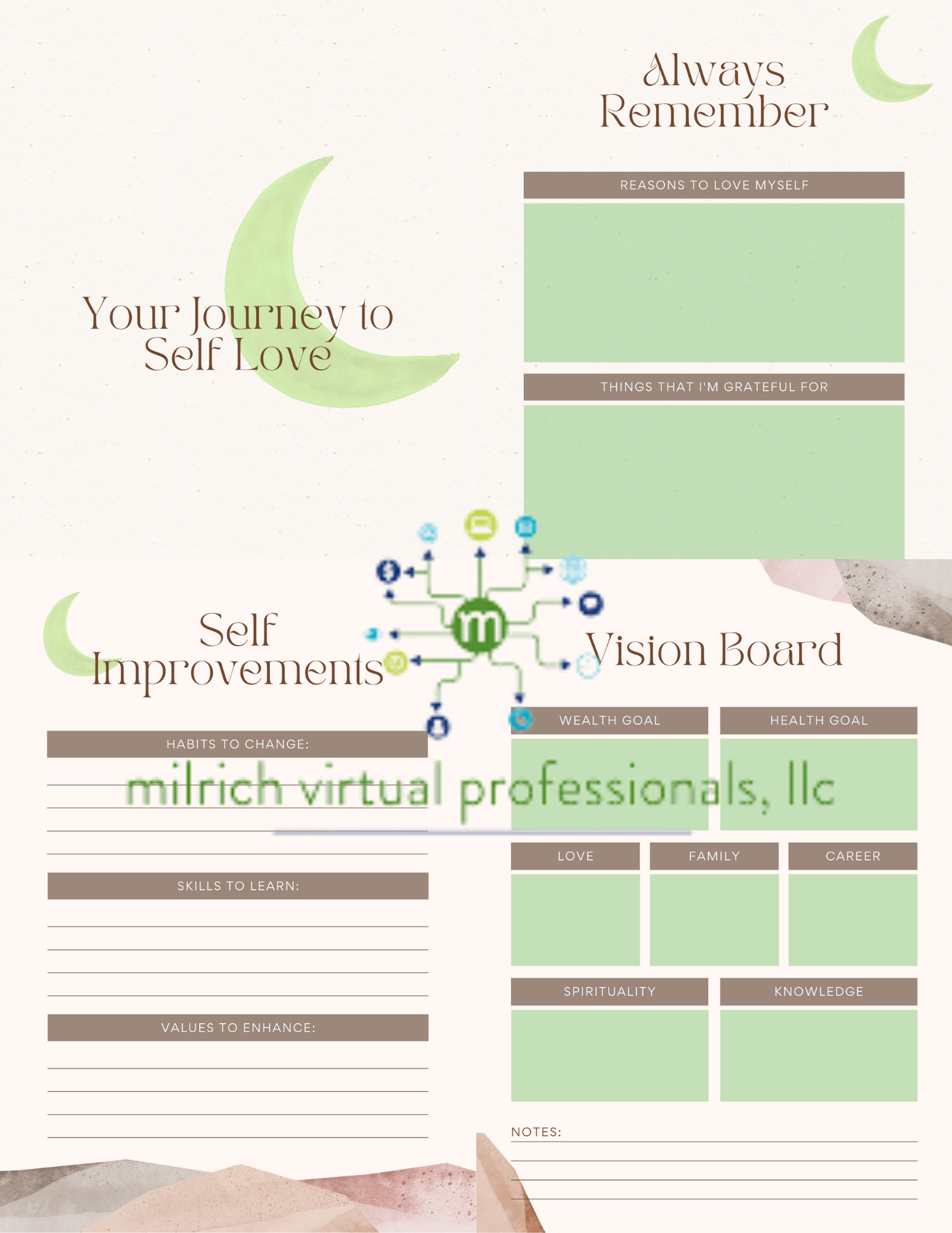 Watercolor Brown Pink & Green Self Love Journal Planner