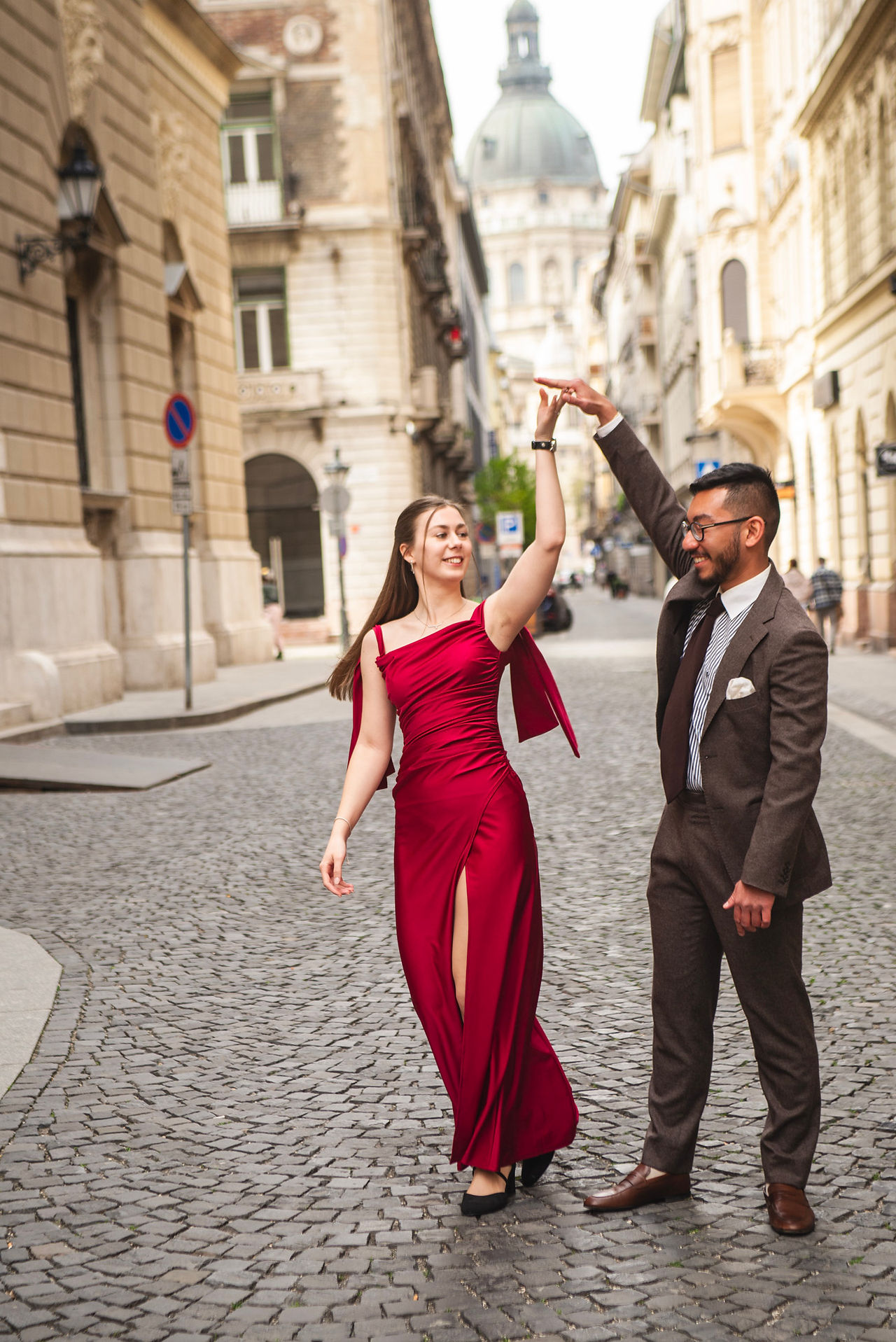 Couple dancing in romantic street in Budapest