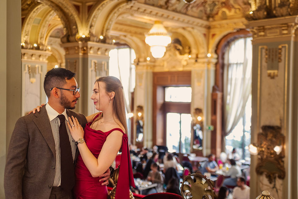 Engaged couple in Budapest New York Cafe