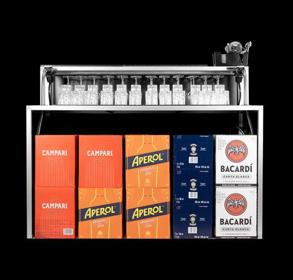 bancone bar portatile con Soda Gun con ampio spazio di stoccaggio. Soluzione compatta per bar, pub e ristoranti.