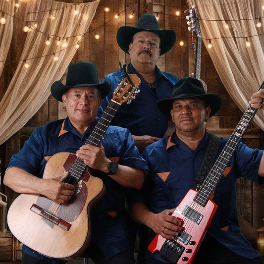 Studio photo of mariachis with guitars and electric bass.

