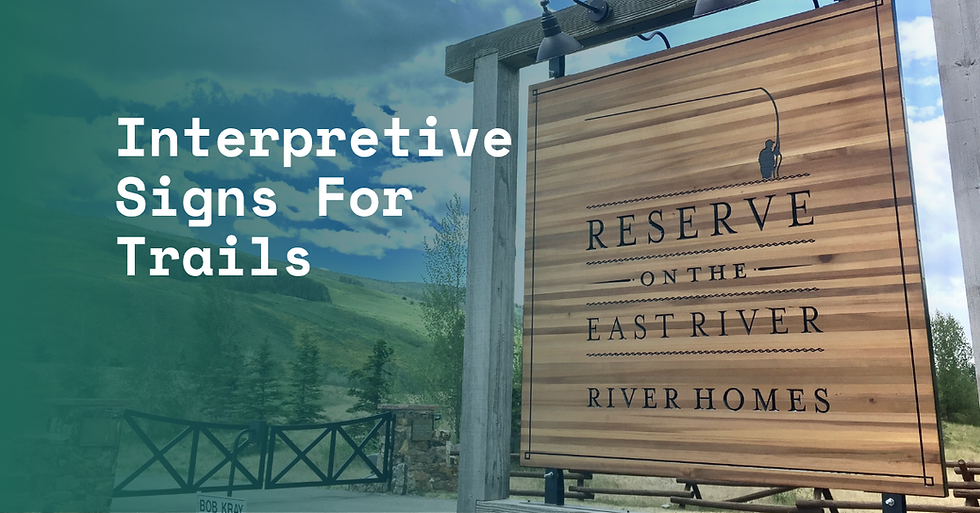 Wooden sign reading "RESERVE on the EAST RIVER, RIVER HOMES" with green hills and sky. Text overlay: "Interpretive Signs For Trails."