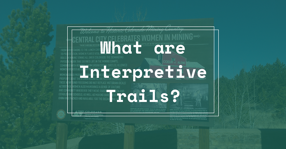 Signboard in a natural setting reads "What are Interpretive Trails?" with info on women in mining. Trees in the background.