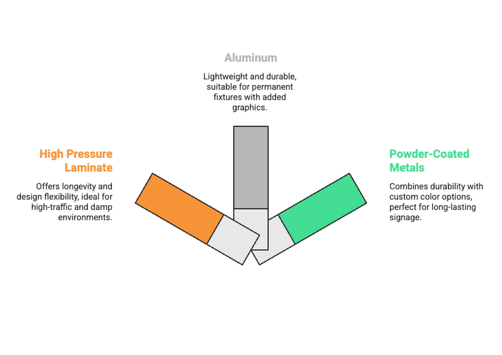 Three rectangular shapes represent materials: orange for High Pressure Laminate, gray for Aluminum, and green for Powder-Coated Metals.