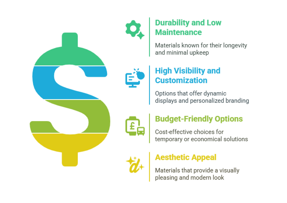A multicolored dollar sign with text: Durability and Low Maintenance, High Visibility and Customization, Budget-Friendly Options, Aesthetic Appeal.