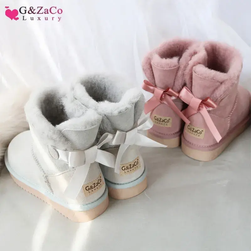 Real Wool Sweet Bow Snow Boots Women Genuine Sheepskin Boots