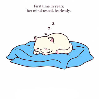 Illustration of a cat sleeping peacefully and fearlessly on a blue blanket for the first time