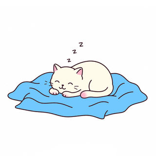 Illustration of a cat sleeping peacefully curled up on a blue blanket, having found where she belongs