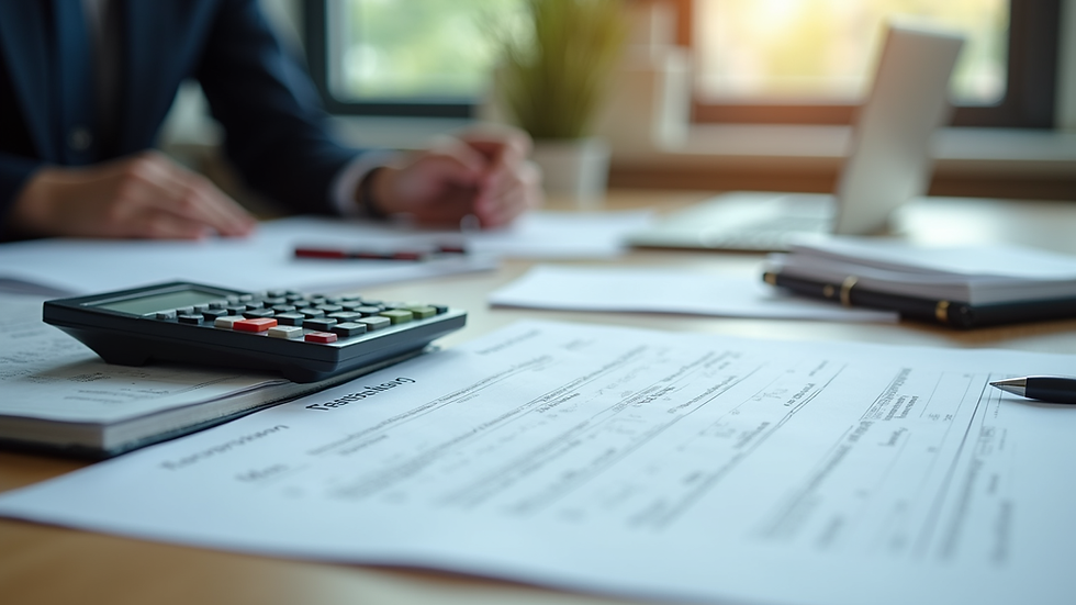 Eye-level view of a professional office desk with tax documents and calculator