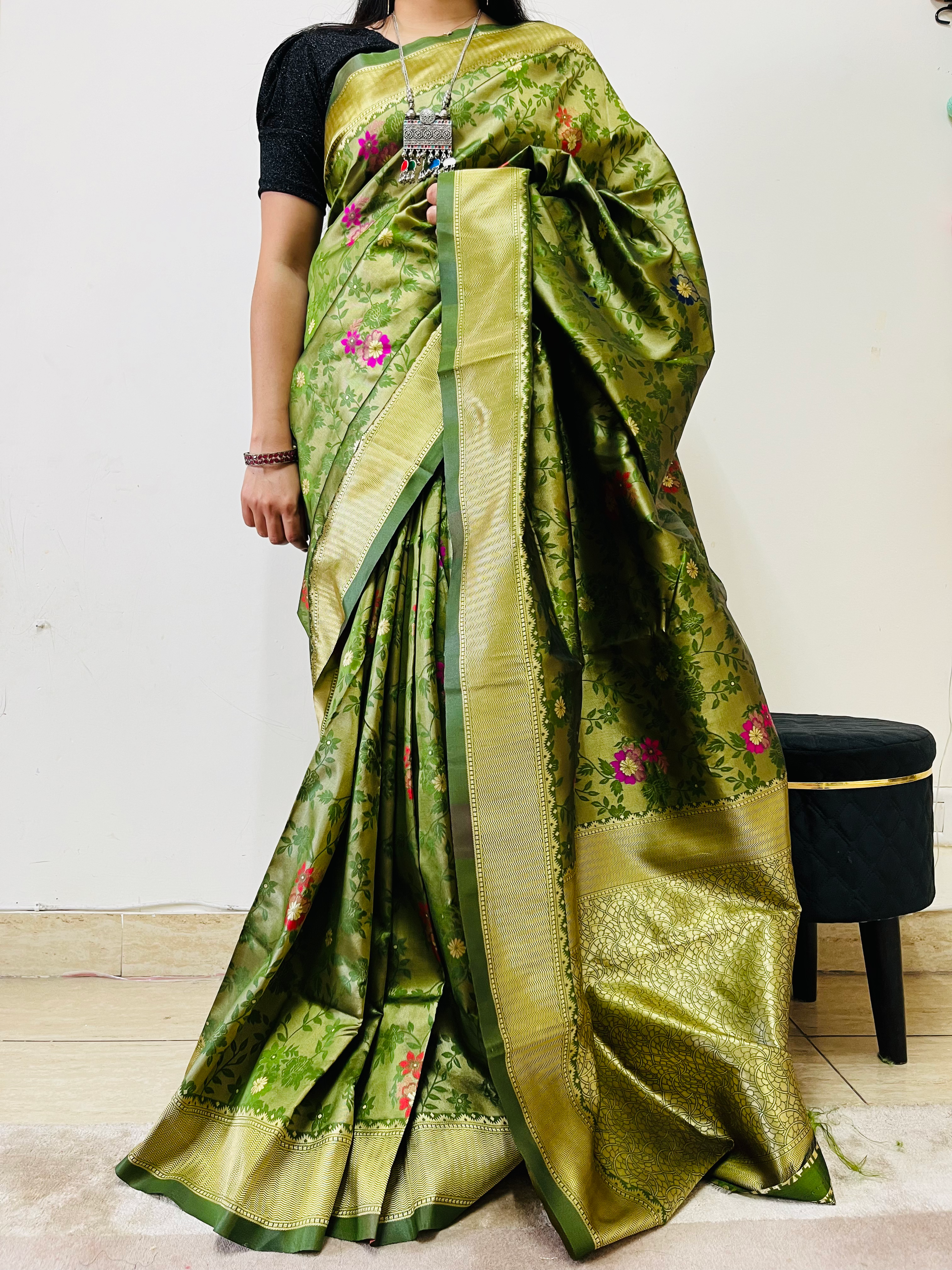 Katan Silk flower print work Saree