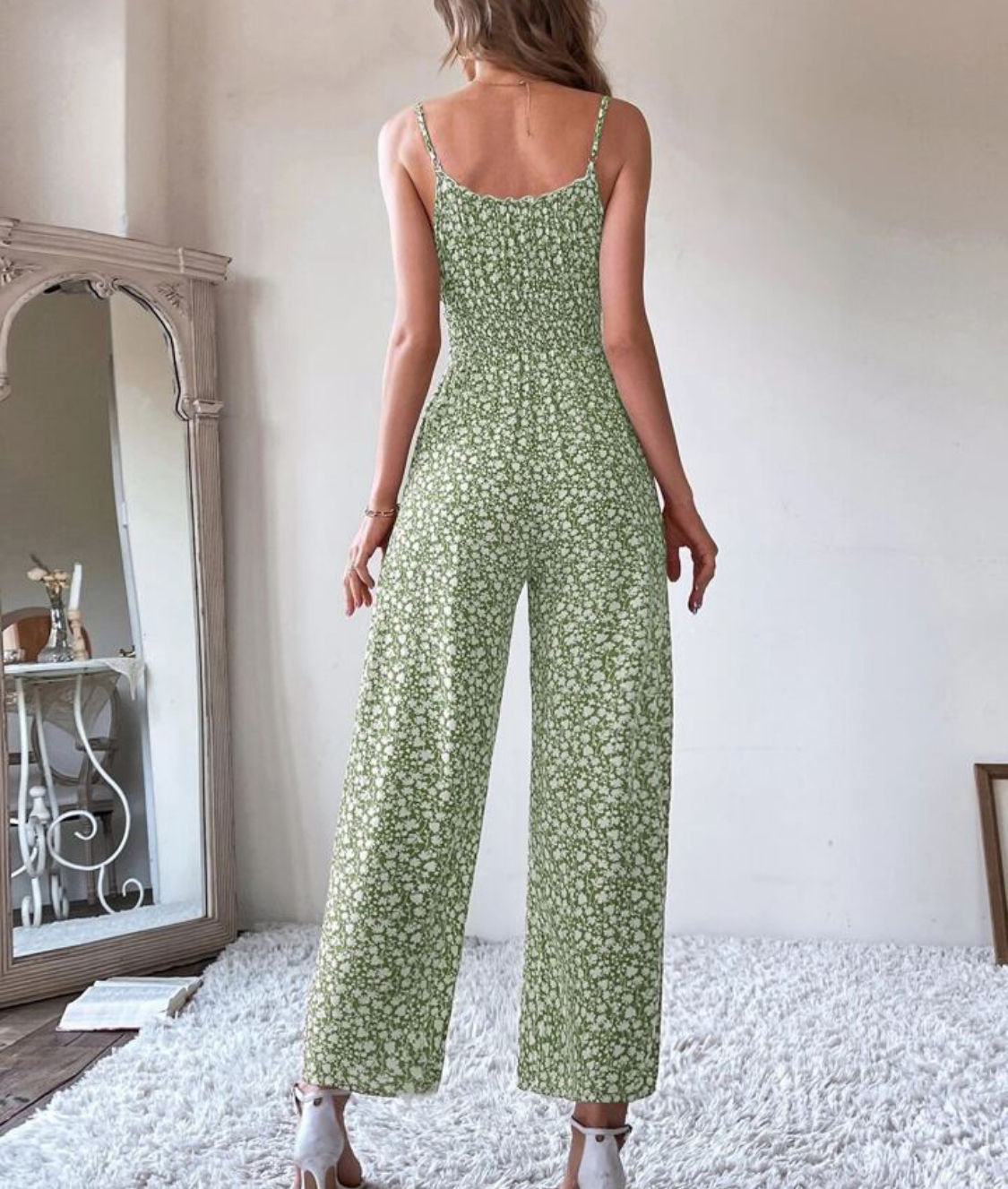 Floral Tie Front Shirred Waist Cami Jumpsuit