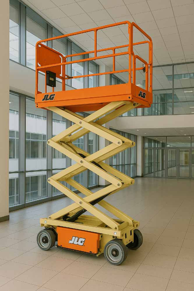 Plataforma elevadora hidráulica naranja y beige en un interior luminoso con ventanas grandes. Texto visible: "JLG". Ambiente industrial moderno.