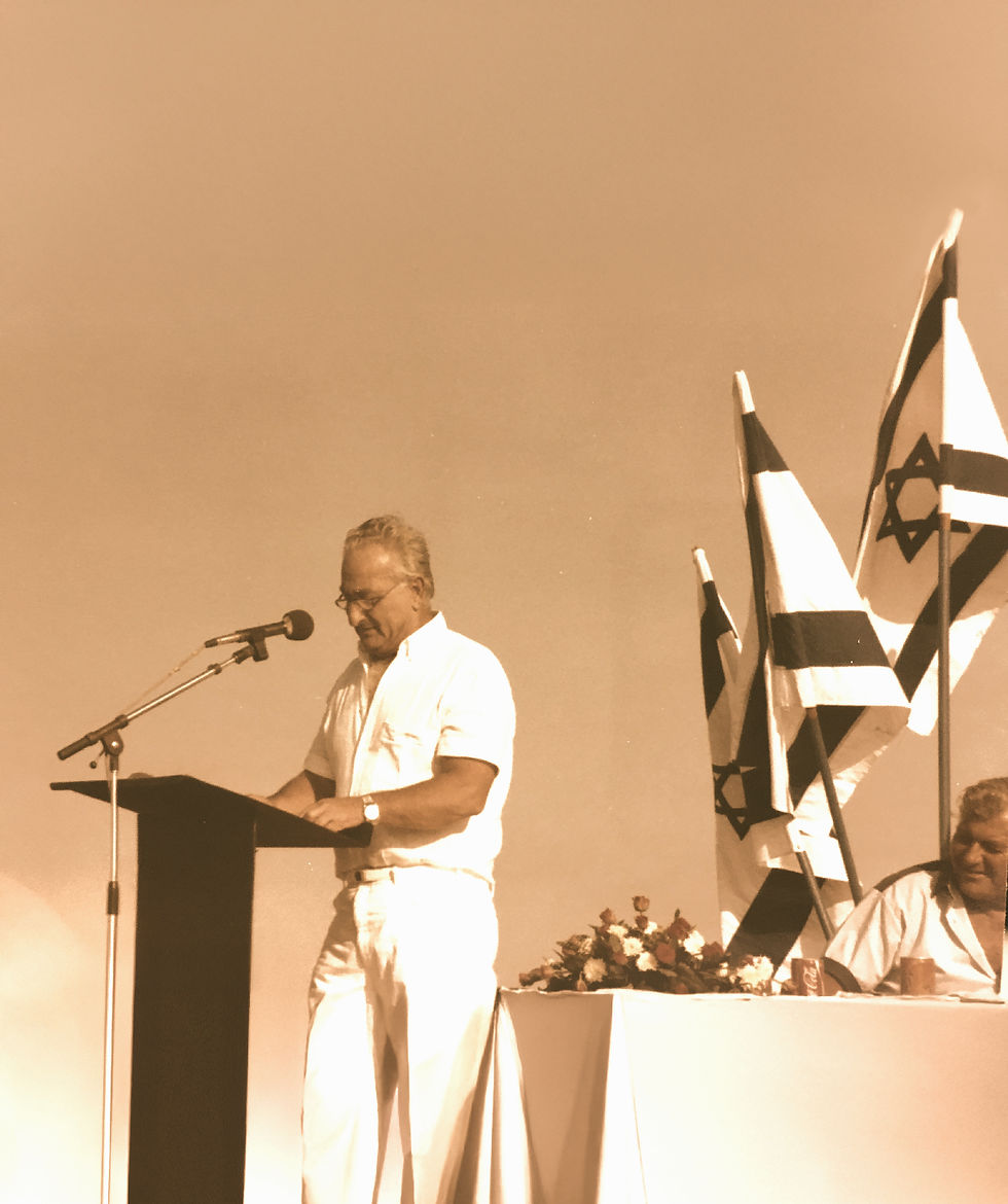 Historical photo of a Rotlevy family member delivering a speech next to Israeli flags, reflecting early Zionist leadership and community engagement