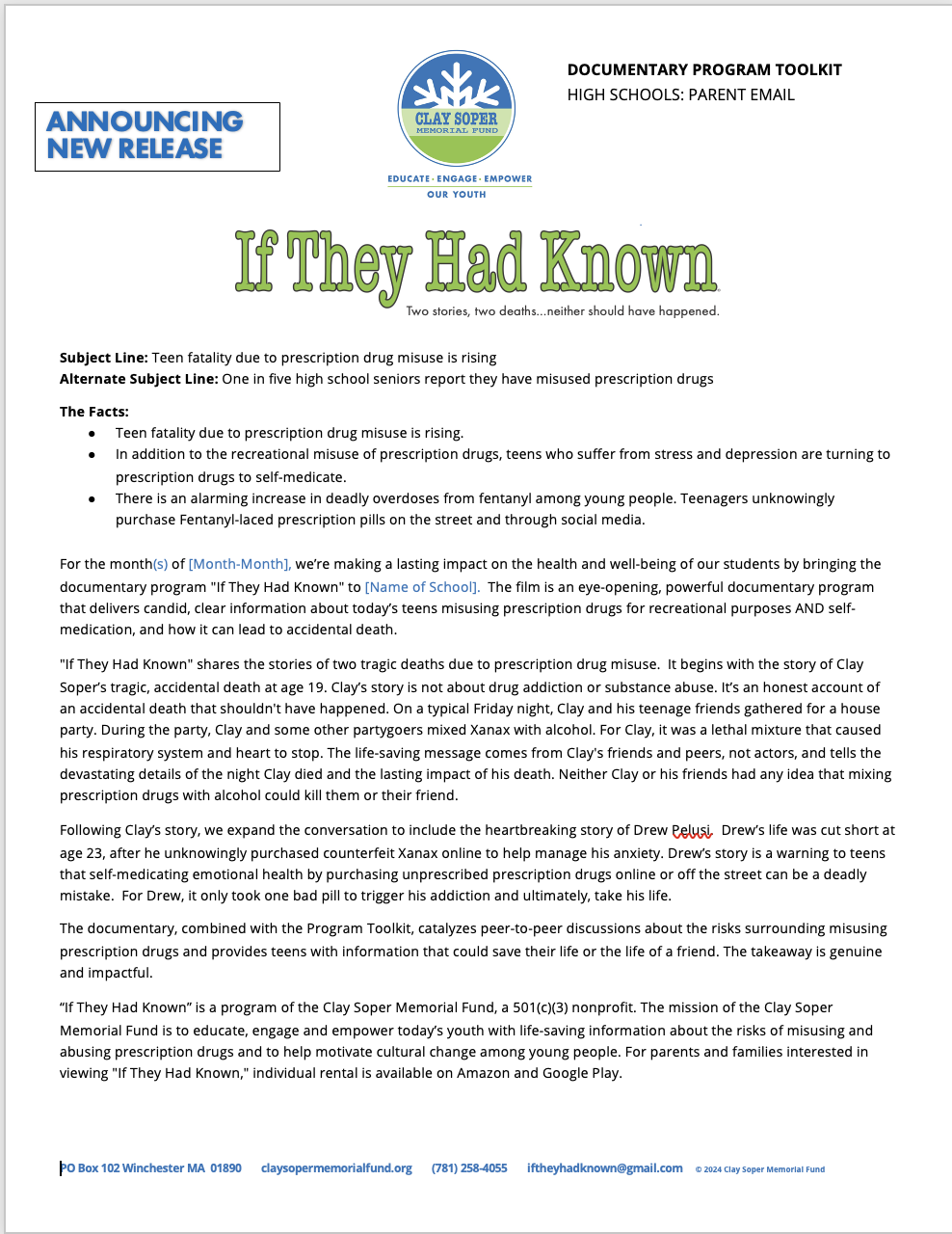 Clay Soper Memorial Fund, If They Had Known, Clay Soper Accidentally Died, Party Xanax Alcohol, Drug Prevention Documentary P