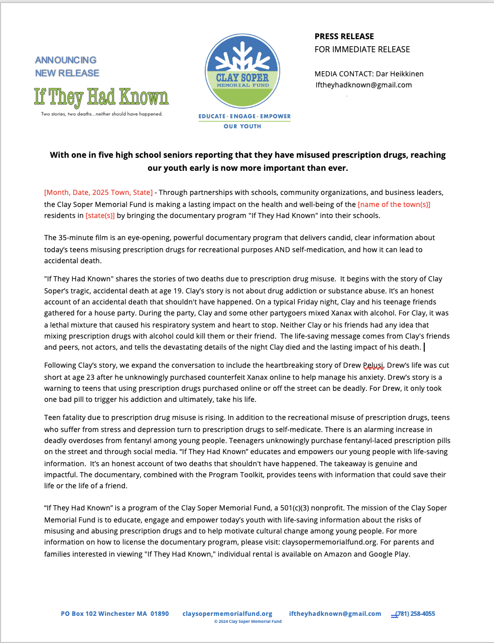 Clay Soper Memorial Fund, If They Had Known, Clay Soper Accidentally Died, Party Xanax Alcohol, Drug Prevention Documentary P